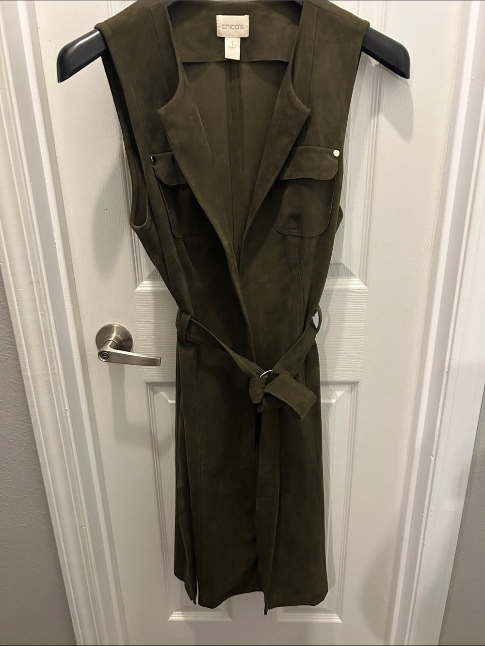 Chico's Olive Green Suede Sleeveless Trench with Belt
